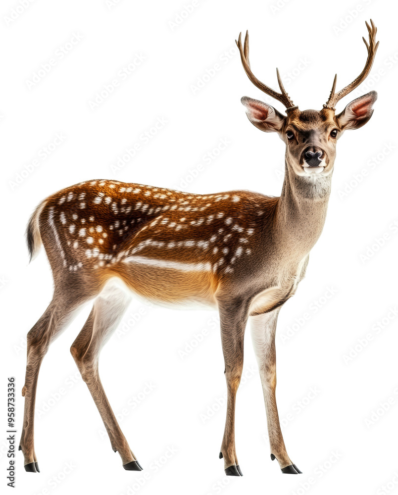 Graceful young deer on white backdrop, cut out - stock png. Graceful young deer on white backdrop, cut out - stock png.