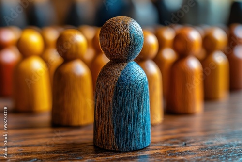 Standing Out from the Crowd: A blue and brown wooden peg doll stands distinct amongst a crowd of brown peg dolls, symbolizing individuality and nonconformity. 
