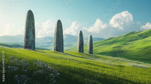 Tall standing stones on a green hill, surrounded by a realistic landscape of meadows and a clear blue sky