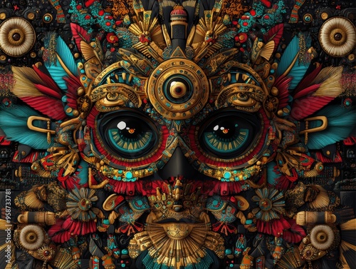 Highly detailed Aztec-inspired owl mask adorned with gold accents, feathers, and intricate patterns, symbolizing cultural heritage and artistry.