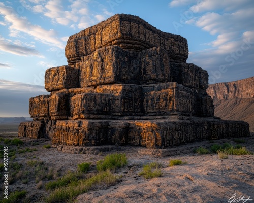 A multi-layered stone structure featuring ancient petroglyphs, located in a vast desert landscape under a bright sky, evoking historical significance. photo