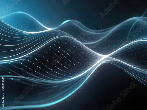 Random digital waves of light against a dark color form an abstract technology background
