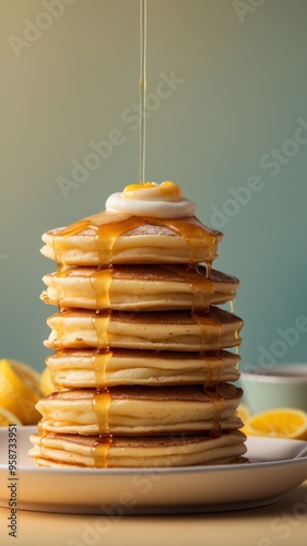 Stack of tasty pancakes on pastel yellow background. photo