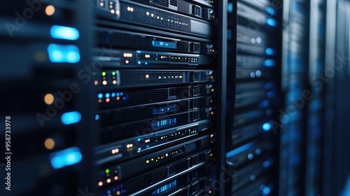 A stack of digital servers in a data center, symbolizing cloud storage, internet technology, and data management.8