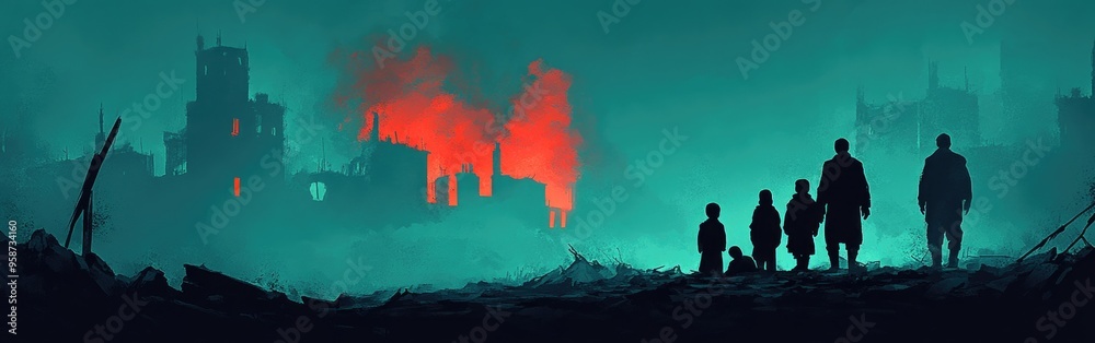 A family huddles together against a backdrop of destruction, highlighting the impact of war A family huddles together against a backdrop of destruction, highlighting the impact of war