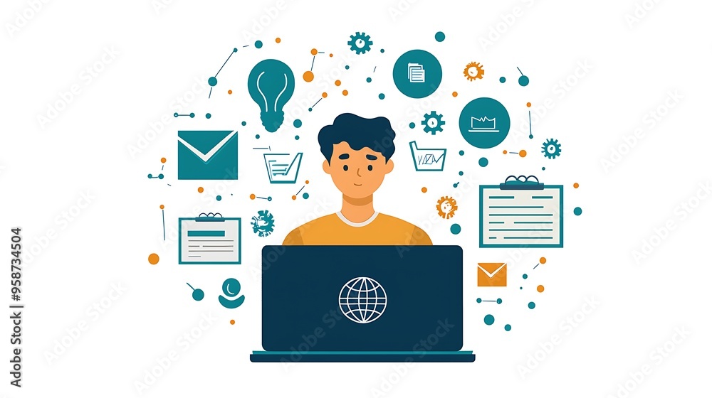 A man on his laptop, enveloped by business icons and ideas, a digital hub of innovation. A man on his laptop, enveloped by business icons and ideas, a digital hub of innovation.