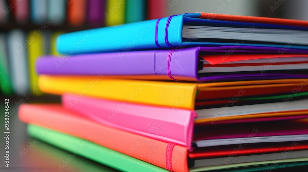 A stack of multicolored notebooks arranged neatly on a desk, with vibrant hues creating a visually appealing pattern. A stack of multicolored notebooks arranged neatly on a desk, with vibrant hues creating a visually appealing pattern.