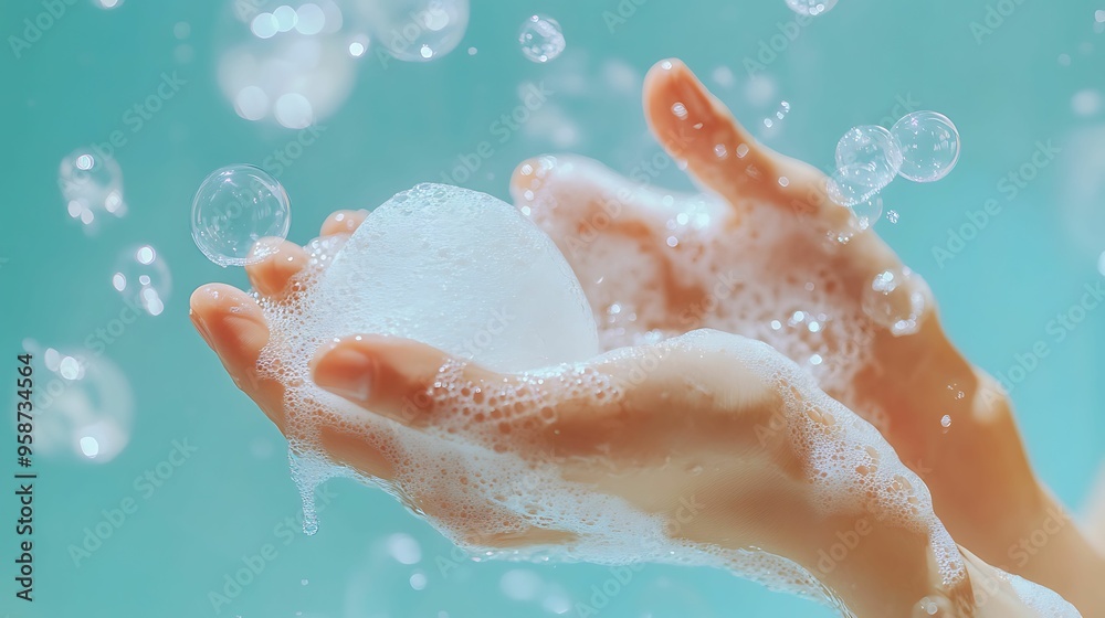 Close-up of hands washing with soap, surrounded by foam and bubbles, symbolizing cleanliness, hygiene, and self-care in a refreshing setting. Close-up of hands washing with soap, surrounded by foam and bubbles, symbolizing cleanliness, hygiene, and self-care in a refreshing setting.