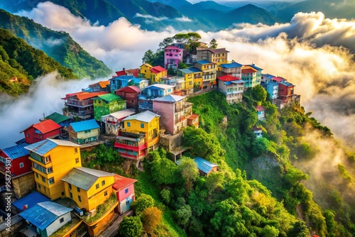 Spectacular aerial view of colorful houses precariously perched on the rugged slope of a majestic mountain, surrounded photo