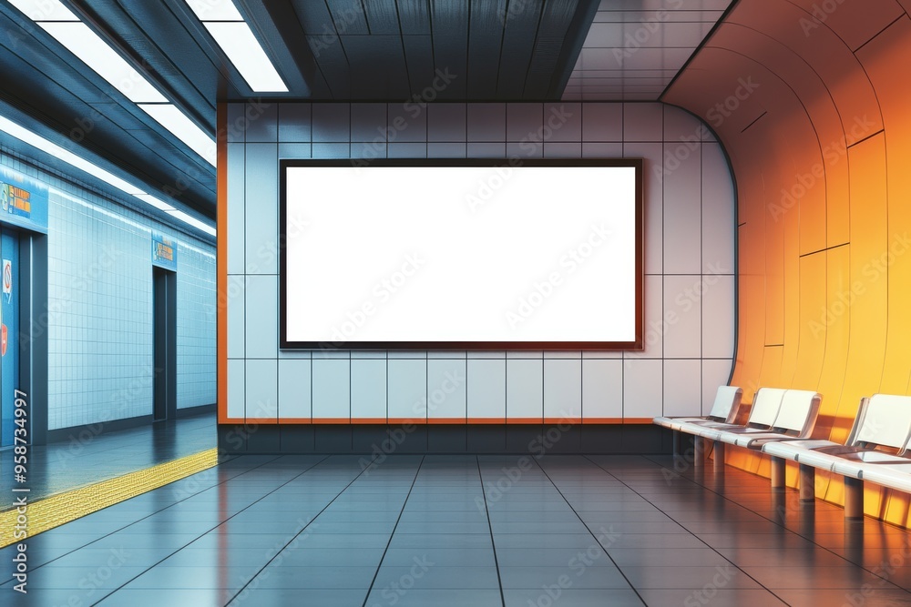 Modern subway station interior with a blank advertisement space. Modern subway station interior with a blank advertisement space.
