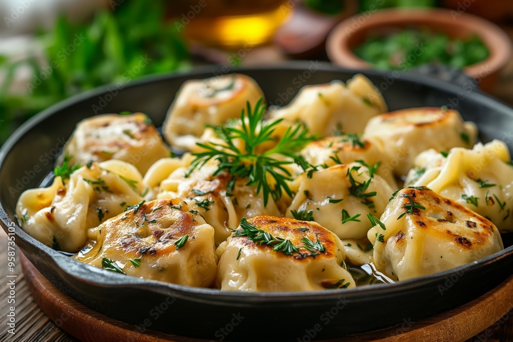 Golden fried dumplings topped with fresh herbs in a pan, showcasing a delicious and savory appetizer. Golden fried dumplings topped with fresh herbs in a pan, showcasing a delicious and savory appetizer.