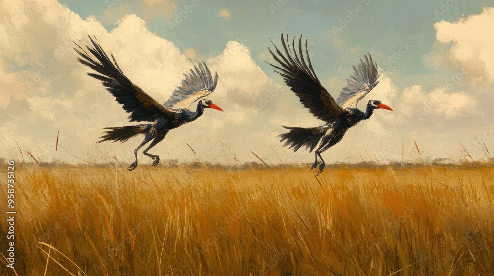Naklejka premium Two Black-Necked Cranes in Flight Over a Golden Field