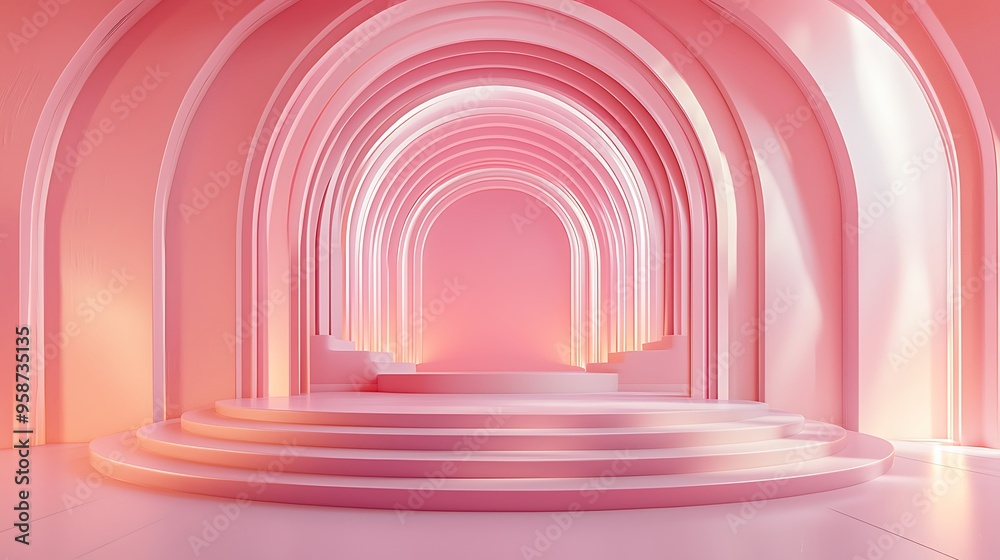 An abstract pink archway with a circular platform, merging simplicity with artistic elegance. An abstract pink archway with a circular platform, merging simplicity with artistic elegance.