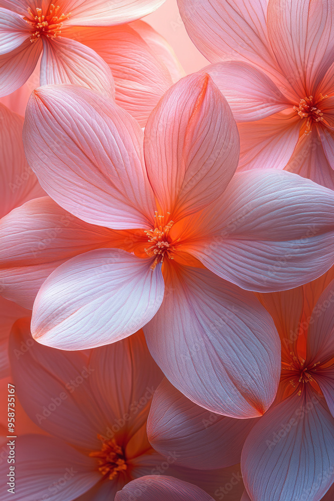 Fototapeta premium Oversized abstract daisy petals in soft pastel pink and orange hues, arranged in a spiraling pattern, isolated on a pastel beige background,