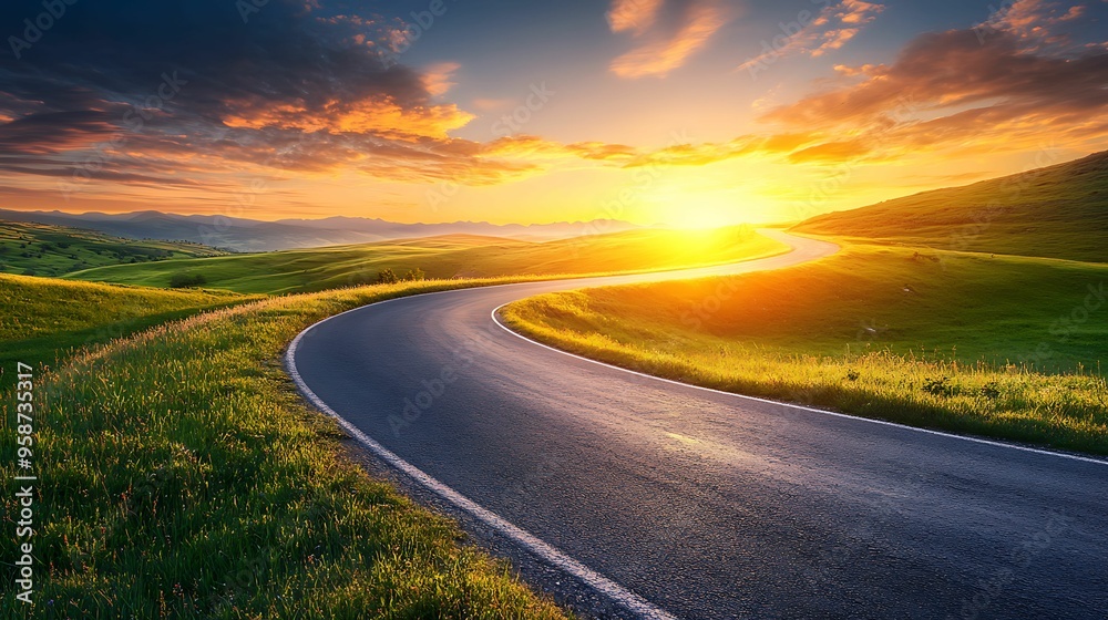 A winding road cuts through lush green hills, illuminated by a golden sunset, with dramatic clouds filling the sky. A winding road cuts through lush green hills, illuminated by a golden sunset, with dramatic clouds filling the sky.