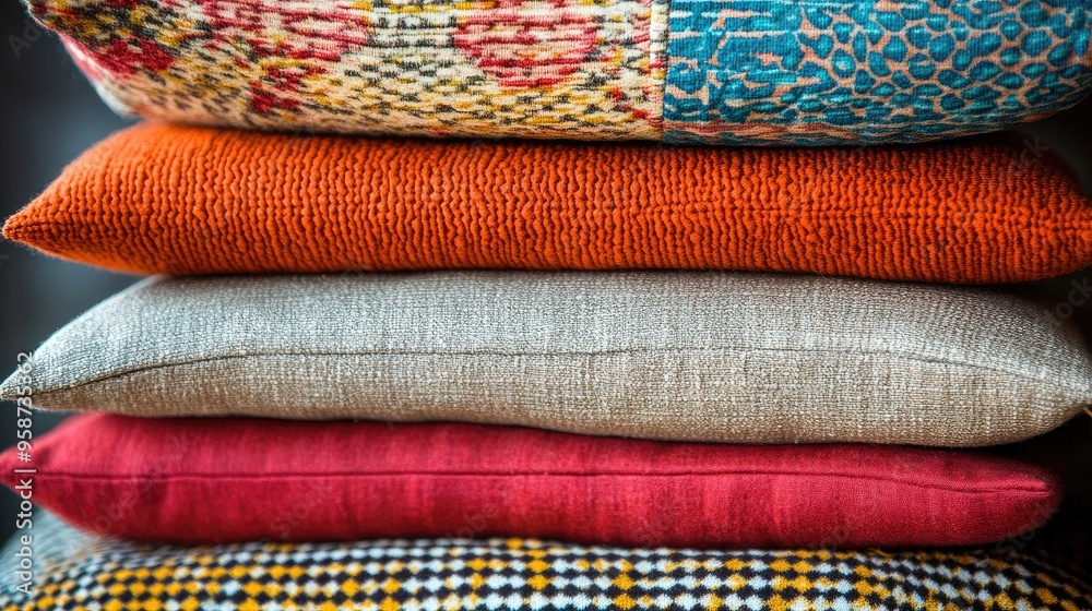 A stack of vibrant pillows in various textures and patterns, conveying comfort, decor, and interior design A stack of vibrant pillows in various textures and patterns, conveying comfort, decor, and interior design