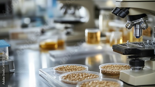 A microscope and petri dishes in a modern laboratory, used for scientific research, analysis, and experiments with biological samples.
