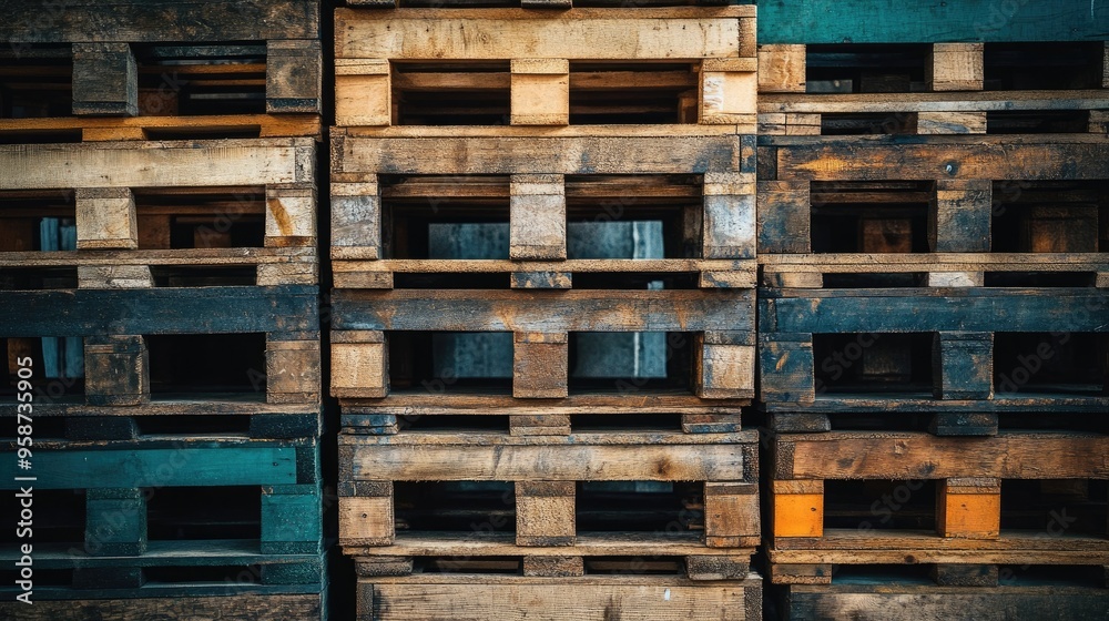 A stack of wooden pallets in an industrial warehouse, ready for transport and storage A stack of wooden pallets in an industrial warehouse, ready for transport and storage