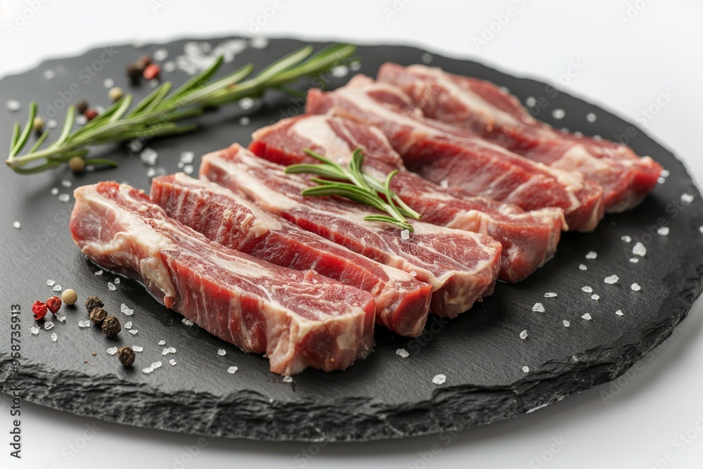 Raw beef ribs on a slate board, garnished with rosemary and seasoning. Raw beef ribs on a slate board, garnished with rosemary and seasoning.