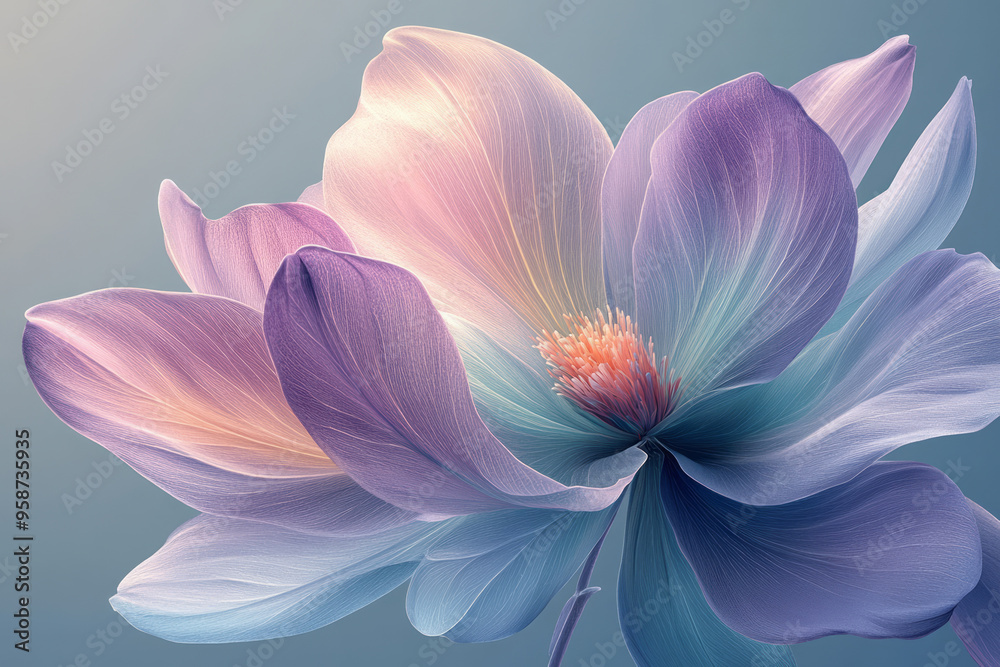 Modern floral graphics with oversized abstract petals in contrasting pastel purple and green, isolated on a pastel blue background,