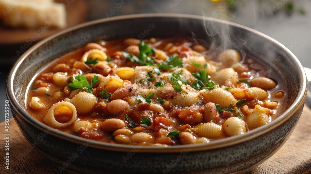 A steaming bowl of pasta e fagioli with beans, small pasta shells, and a rich broth, perfect for a cozy, comforting meal. A steaming bowl of pasta e fagioli with beans, small pasta shells, and a rich broth, perfect for a cozy, comforting meal.