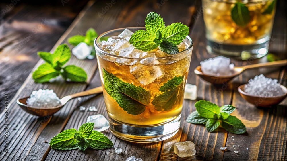 Refreshing Mint Julep Cocktail with Ice on Rustic Wooden Table. Refreshing Mint Julep Cocktail with Ice on Rustic Wooden Table.