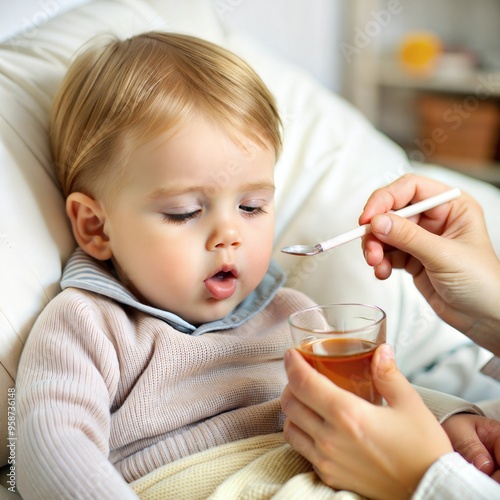 a small child lies in bed, his mother gives him medicine with a spoon photo