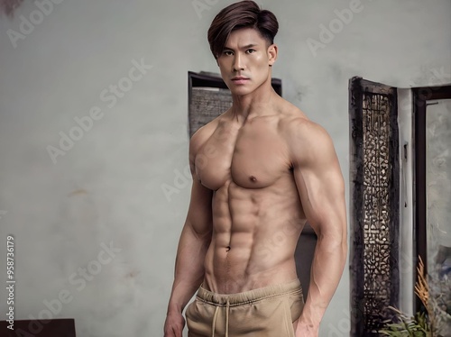 Half Body Portrait of a Shirtless Asian Man with Muscular Body with Shorts Looking at Camera in The Building