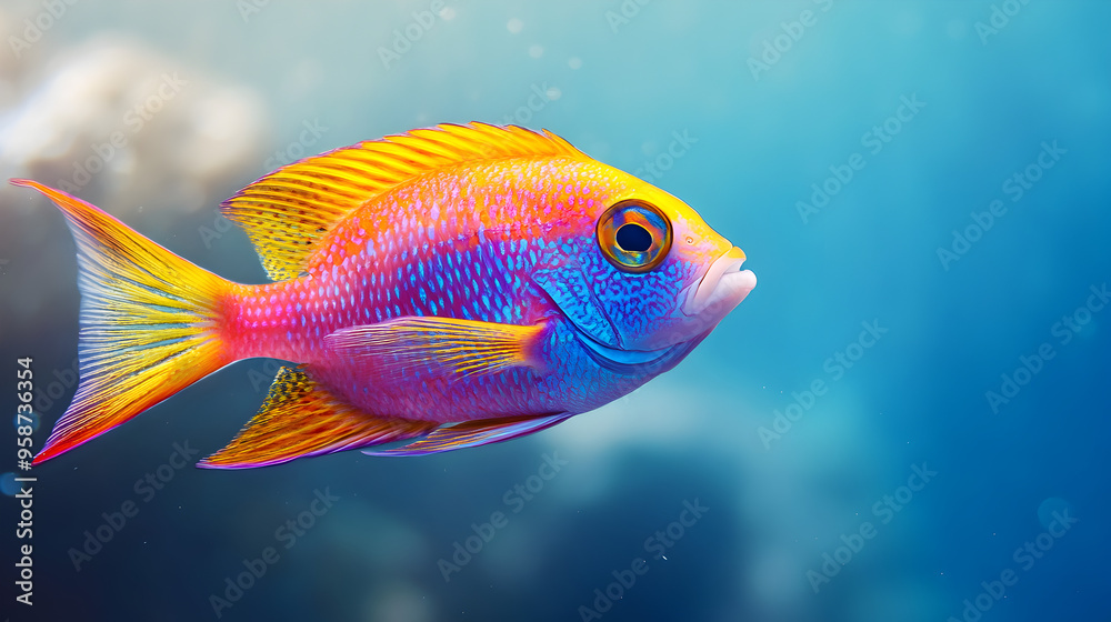 A colorful tropical fish swimming against a sea-blue background
A colorful tropical fish swimming against a sea-blue background