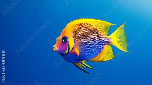 A colorful tropical fish swimming against a sea-blue background