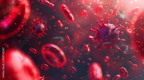 close up of a red and blue virus with red blood cells surrounding it. The red blood cells are scattered throughout the image, with some closer to the virus and others further away. photo