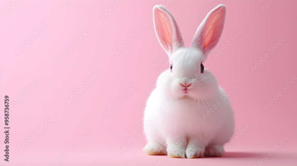 A fluffy white bunny with pink ears sitting on a pastel pink background
A fluffy white bunny with pink ears sitting on a pastel pink background