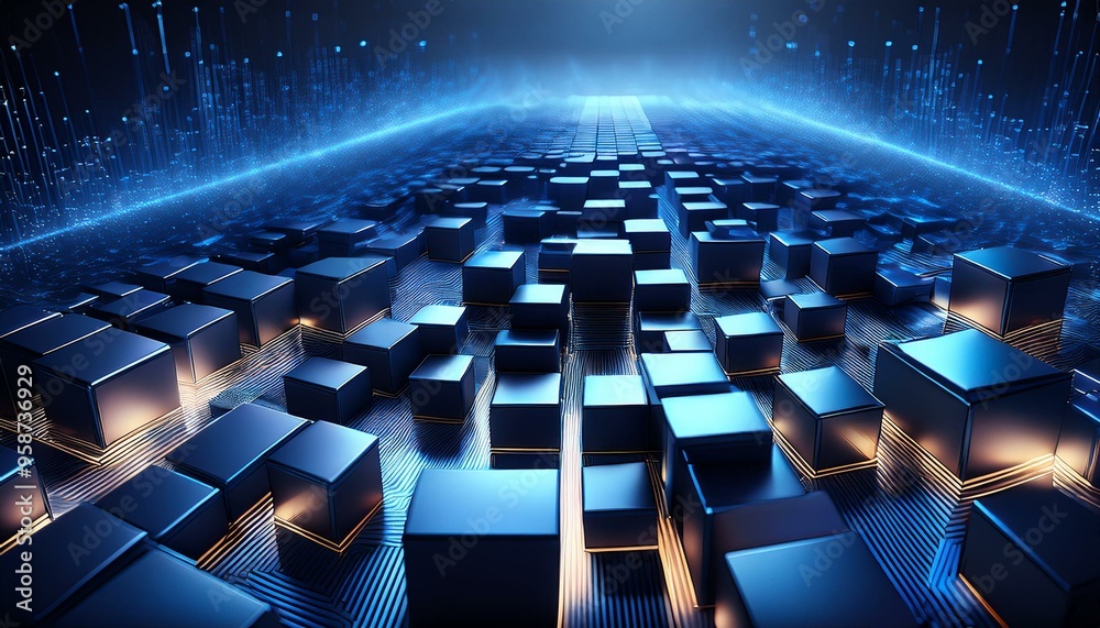 Fototapeta premium a surface consisting of many neatly arranged three-dimensional boxes, with a dark blue color and bright blue borders, creating a futuristic and dynamic impression