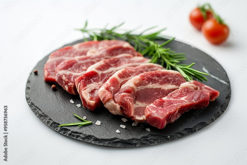 Fresh raw steaks seasoned with rosemary and salt, arranged on a black slate plate with cherry tomatoes in the background Fresh raw steaks seasoned with rosemary and salt, arranged on a black slate plate with cherry tomatoes in the background