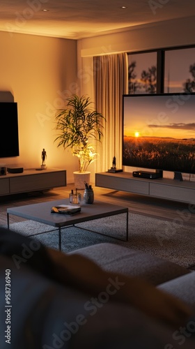 Cozy Living Room with Sunset View on TV.