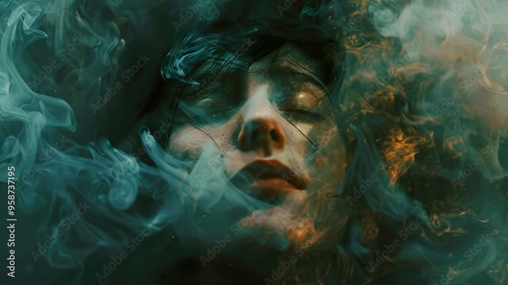A woman's face is obscured by swirling smoke.