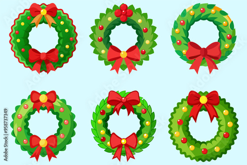Christmas wreath, red leaves and flowers garland, Christmas decorations