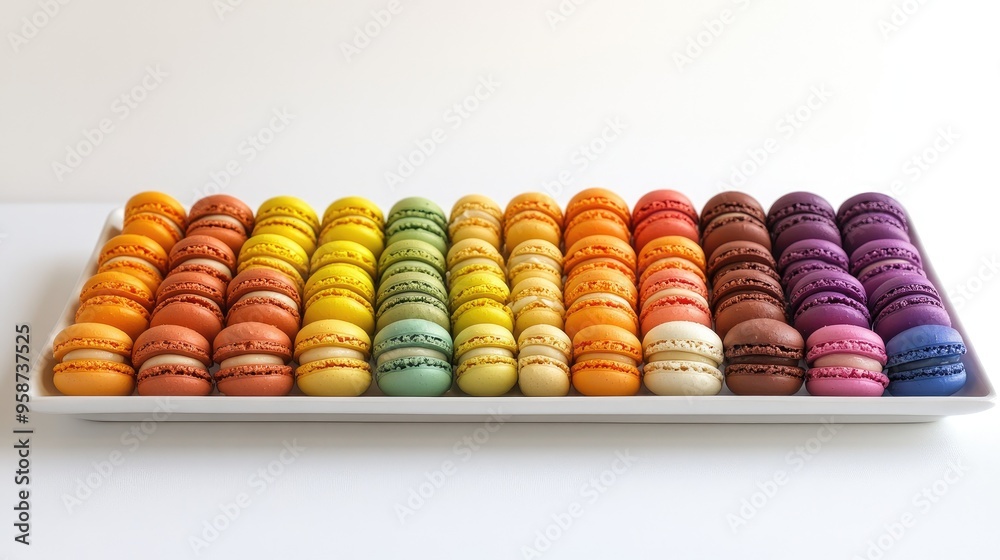 A vibrant display of macarons arranged in a rainbow gradient on a white platter, showcasing their colorful and enticing appearance. A vibrant display of macarons arranged in a rainbow gradient on a white platter, showcasing their colorful and enticing appearance.