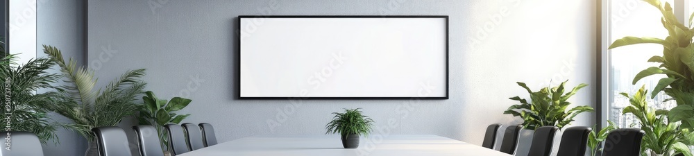 White Rectangle Frame Mockup in Modern Meeting Room White Rectangle Frame Mockup in Modern Meeting Room