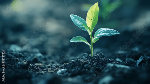 Young green plant growing in fresh soil 