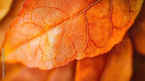 A macro shot of vibrant orange fall leaves, capturing the intricate details and textures of the veins and edges photo