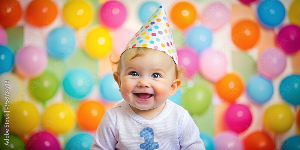 Studio-Shot Photo Of A One-Year-Old Child Wearing A Birthday Hat And Smiling, With A One On A Colorful Studio-Shot Photo Of A One-Year-Old Child Wearing A Birthday Hat And Smiling, With A One On A Colorful