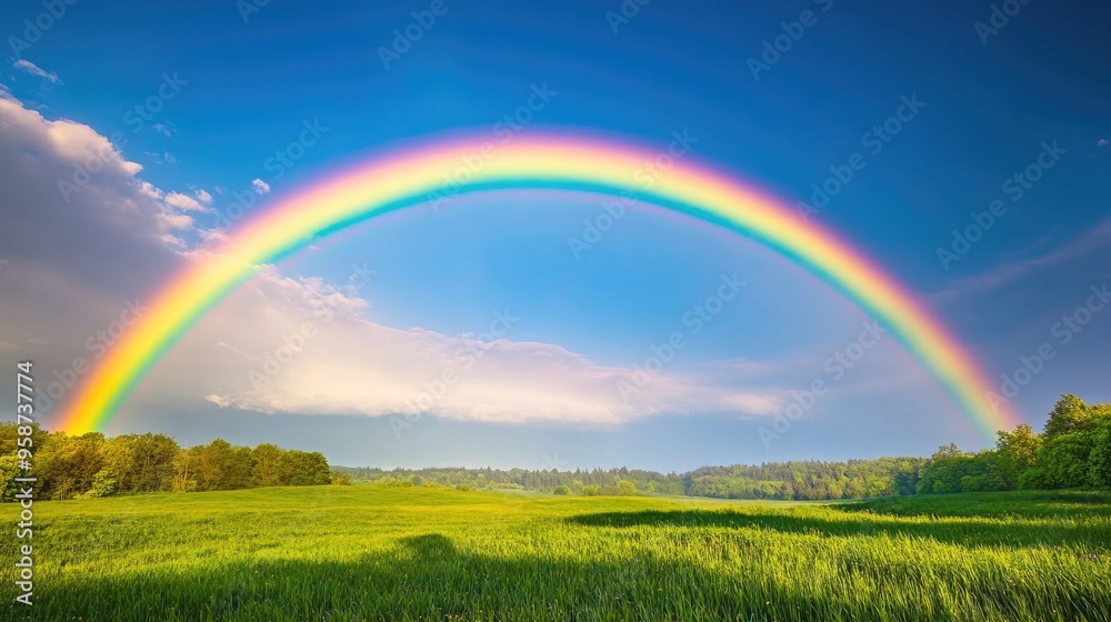 A vibrant rainbow arching across a clear sky after a light rain, with lush green fields in the foreground A vibrant rainbow arching across a clear sky after a light rain, with lush green fields in the foreground