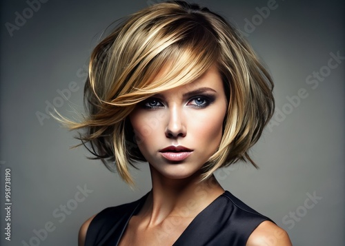 Stylish woman with asymmetrical haircut featuring long, flowing locks in the front and shorter, choppy layers in the