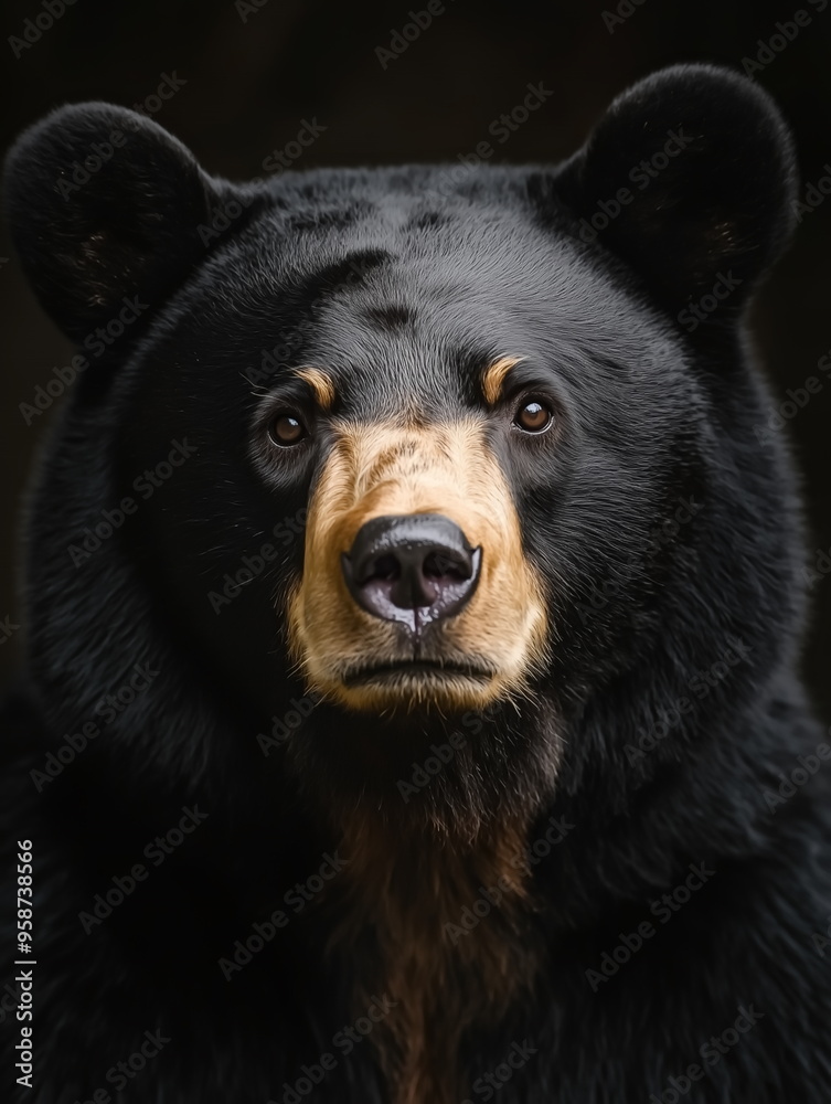 portrait of a black bear front face on dark background portrait of a black bear front face on dark background