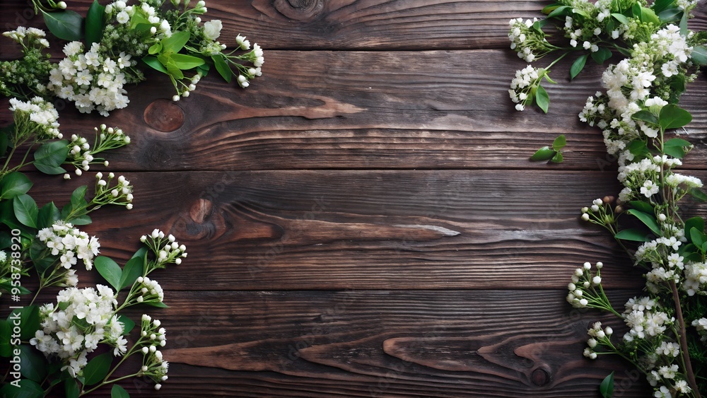 A wooden background with white flowers and greenery, perfect for a natural and elegant design A wooden background with white flowers and greenery, perfect for a natural and elegant design