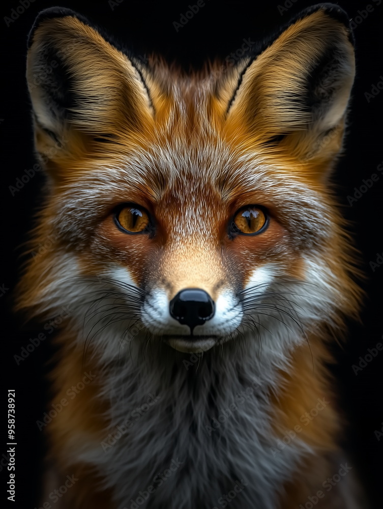 Fototapeta premium portrait of a fox front face on dark background