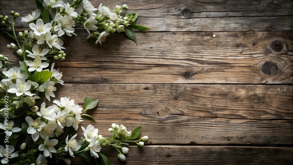 A wooden background with white flowers, perfect for a natural and elegant design A wooden background with white flowers, perfect for a natural and elegant design