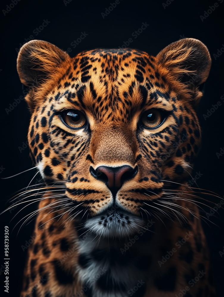 portrait of a leopard front face on dark background portrait of a leopard front face on dark background
