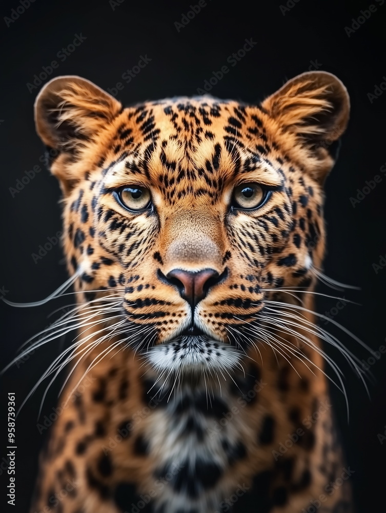 portrait of a leopard front face on dark background portrait of a leopard front face on dark background